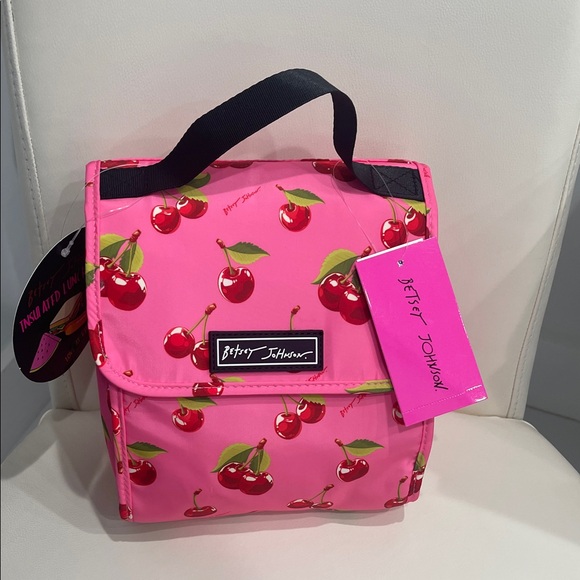 Betsey Johnson Handbags - Betsey Johnson Pink/Green/Black Cherry Patterned Insulated Lunch Tote Bag